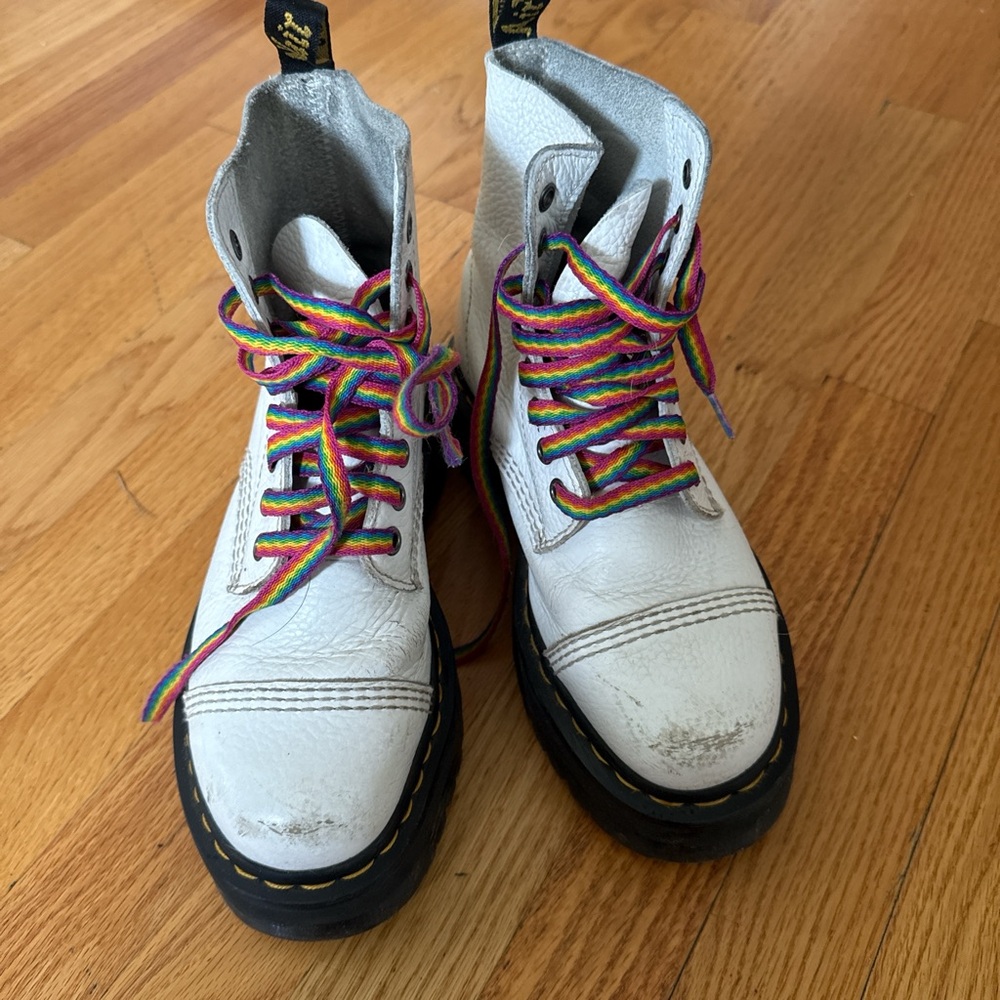 Dr Martens White Boots with Rainbow Laces